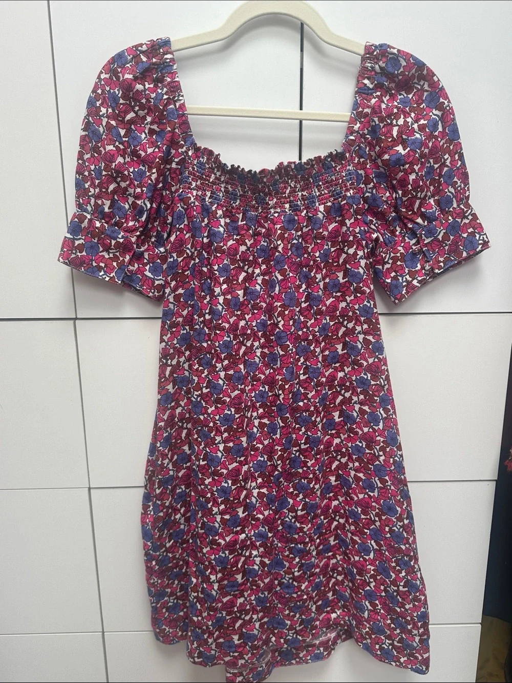 J.Crew Floral Puff-Sleeve Dress in Magenta and Purple